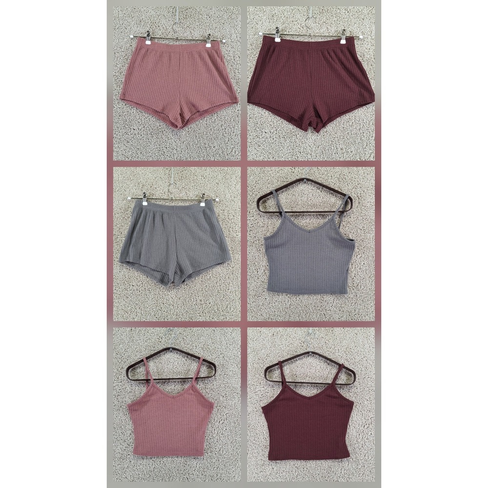Unbranded Pajama Set Women L Burgundy Waffle Knit Cami Shorts Loungewear 6 Piece